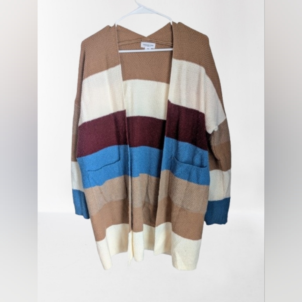 Chic Soul Striped Colorblock Open-Front Knit Cardigan- 1X